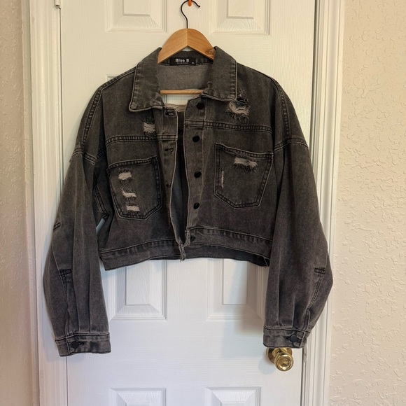 Blue B Distressed Black Denim Jacket Cropped M/L - Picture 1 of 8